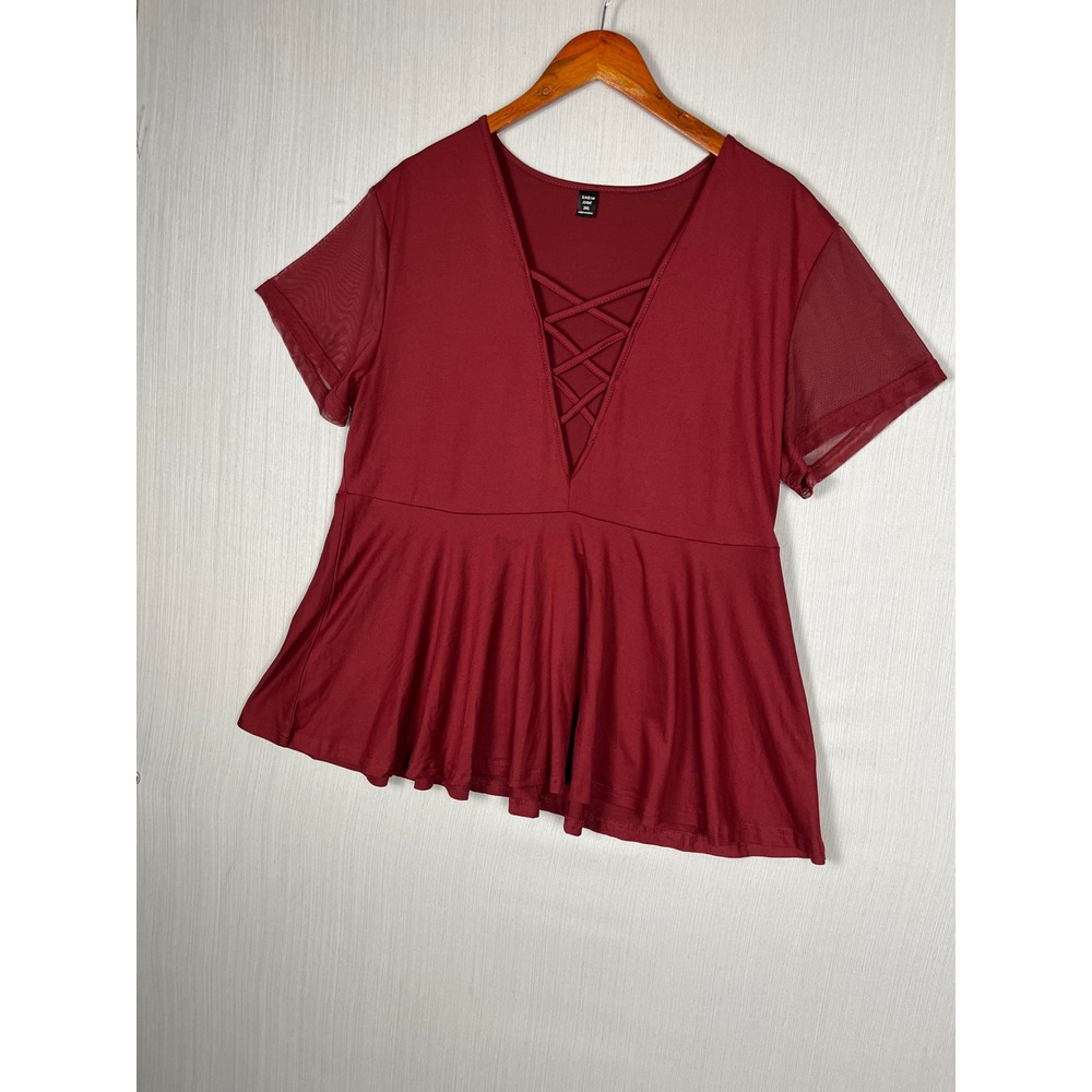 Peplum Top Women 3XL Burgundy Mesh Sleeve‎ Lattice V-Neck Babydoll Goth Romantic